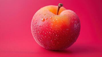 A ripe nectarine placed on a vibrant red background, showcasing its luscious texture and color. Ideal for use in food blogs, promotional materials, and culinary compositions. photo