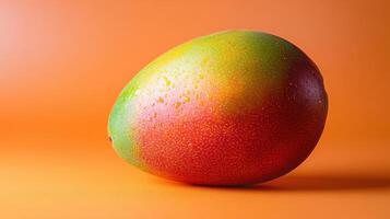 A Vibrant Ripe Mango Displayed Against a Soft Orange Background, Ideal for Food Photography and Culinary Uses photo