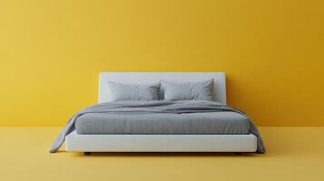 A Minimalist White Platform Bed with a Cozy Gray Bedding Perfect for Modern Bedroom Decor and Enhancing Sleep Quality photo