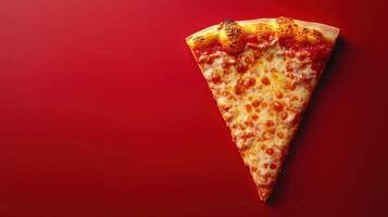 A Delicious Slice of Four Cheese Pizza Perfectly Placed on a Vibrant Red Background for Food Photography and Culinary Art photo