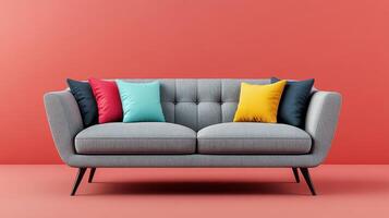 Elegant Modern Gray Fabric Loveseat with Colorful Pillows Perfect for Contemporary Living Spaces or Interior Design Projects photo