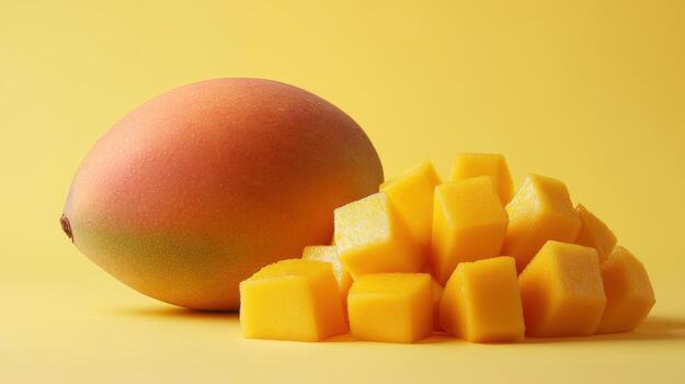A Beautiful Composition of a Ripe Mango Next to Freshly Sliced Cubes on a Pastel Background Perfect for Tropical Food and Culinary Concepts. photo