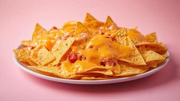 Delicious plate of nachos topped with melted cheese, perfect for a party snack, casual gathering, or indulgent treat, showcasing vibrant colors and textures that appeal to food lovers. photo