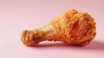 A Deliciously Crispy Fried Chicken Leg Resting on a Vibrant Coral Pink Background Perfect for Food Blogs and Culinary Projects photo