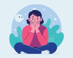 Depressed brunette woman sitting cross legged holds her face with both hands in despair vector