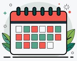 Red and green calendar with leaves and sparkles accents the schedule on white vector