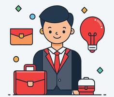Smiling cartoon professional man stands confidently surrounded by business accessories and idea lamp icon vector