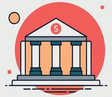Bold bank building icon presents classical architecture with dollar sign on top against orange circle vector