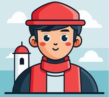 Animated fair skinned man with red hat smiles near a white tower against sky vector