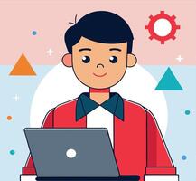 Smiling young man uses a laptop surrounded by colorful geometric shapes as background vector