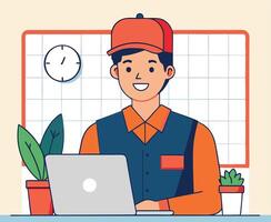 Smiling worker using laptop in office wears a hat and vest in isolated vector