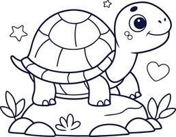 Cartoon Line Art Smiling Turtle on Rock with Stars and Heart Doodle Style vector