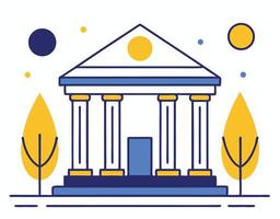 Stylized government building with blue and gold accents stands proudly amidst abstract tree forms and shapes vector