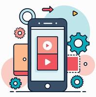 Modern smartphone displays a interface with red arrow and gear animations clearly vector