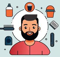 Smiling Caucasian man portrait surrounded by grooming essentials is showcasing self care products vector