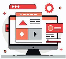 Styled monitor shows user interface elements with red and grey color palette vector