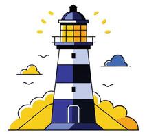 Cartoon striped lighthouse emits a bright light on a coast with a cloud vector