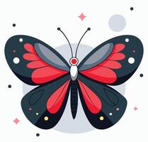 Stylized butterfly displays red and dark blue wings, surrounded by sparkles and spots, and has transparent background vector