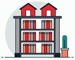 Stylized bookshelf showcases red houses and colorful books near a potted cactus, creating simple home decor vector