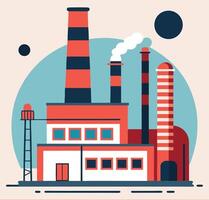 Stylized factory features bold red and blue colors, with smoke and simple geometric shapes vector