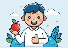 Cartoon boy smiles, holds red apple, and gives a thumbsup against a bright background vector