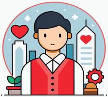 Animated man with red vest stands amidst cityscape elements within circular border vector