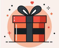 Red and orange gift box with a black ribbon and heart floats above vector