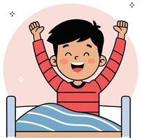 Animated Asian boy smiles brightly while stretching in bed with arms raised upwards vector