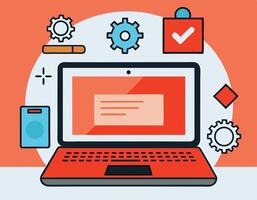 Orange laptop with a coral screen displays abstract shapes and icons on the desktop vector