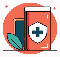 Orange container featuring a white shield symbol with plus sign rests near blue card and leaf vector