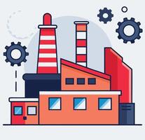 Simplified industrial complex cartoon features chimneys, colorful buildings, and floating gears in light colors vector