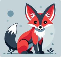 A stylized fox sits with striking red, black, and white coloring against the grey background vector