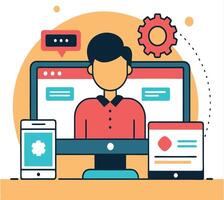 Faceless person appears on a computer screen near a gear, phone, and tablet on a table vector