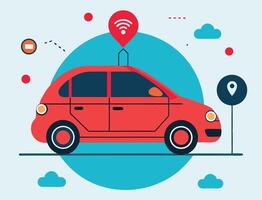 Small red autonomous car navigates the abstract cityscape with a bright turquoise background vector