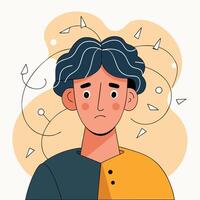 Anxious young man with geometric shapes depicting mental chaos and swirling thoughts vector
