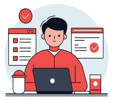 Young asian man uses his laptop computer with checkmarks visible online vector