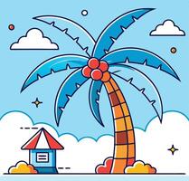 Simple shows blue palm tree near a hut beneath some clouds vector