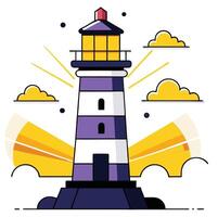 Striking purple and white lighthouse stands tall, surrounded by yellow clouds with transparent background vector