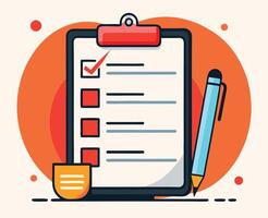 Red checkmark appears on a clipboard beside a blue pen with orange background vector