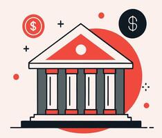 Outlined building with columns, dollar coins, and abstract shapes creates a modern composition vector