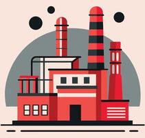 Bold architectural shapes portray a red and white factory with smokestacks under dark orbs vector