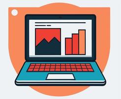 A cartoon style laptop displaying a bar graph sits on an orange background shape vector