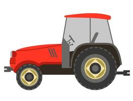 Red tractor side view on white background. Agricultural tractor, farm transport in flat style. Farm tractor icon vector