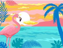 Summer holidays banner with flamingos against the background of the sea and the leaves of a palm tree. Beautiful pink flamingo bird standing in sea water vector