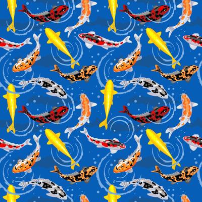 Seamless pattern with a koi fish pond. Koi carps. Seamless pattern with golden, red and black koi carps on background of water waves