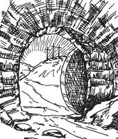 Open cave. Empty opened tomb of Jesus. Easter. Hand drawing sketch illustration vector