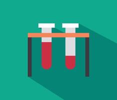 Flat icon of two test tubes with red liquid in a rack, on a teal background with long shadows. Stock Illustration vector