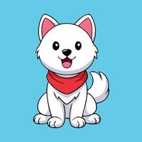 Cute white puppy cartoon with a red scarf is sitting on the floor smiling vector