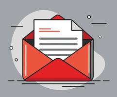 An opened red envelope containing a letter with lines on a gray background vector