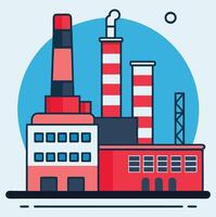A flat of a colorful industrial building sits before a vivid blue circle vector